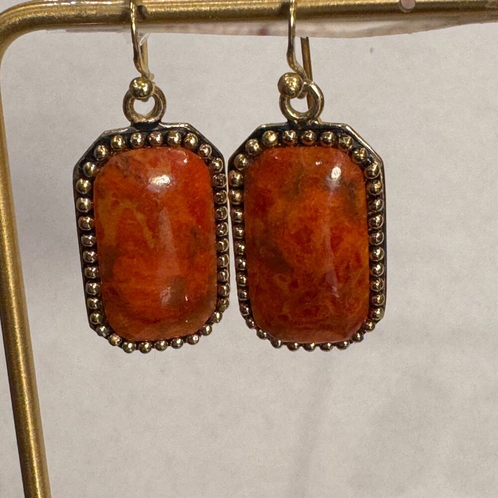 Orange Stone Dangle Earrings - Gold Tone Beaded Frame